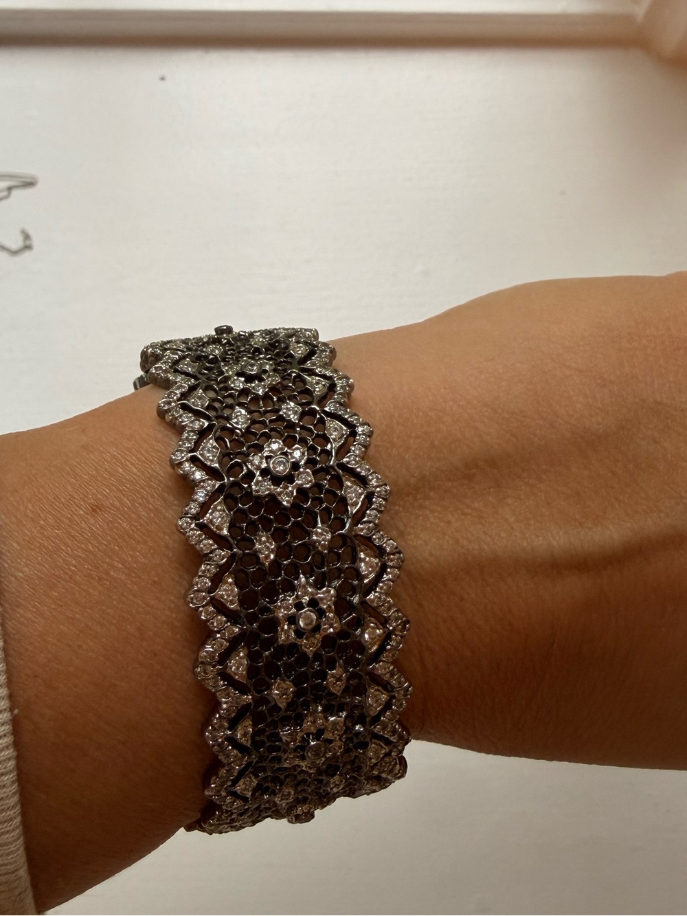 Vintage JARIN Sterling Silver Wide Lace Hinged Statement Bracelet